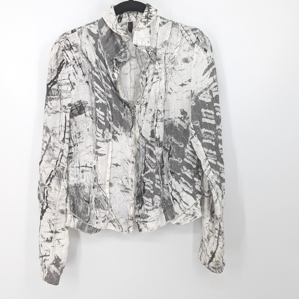 Inizio Jacket Womens Large White Gray Abstract Linen Zip Up Made In Italy Artsy